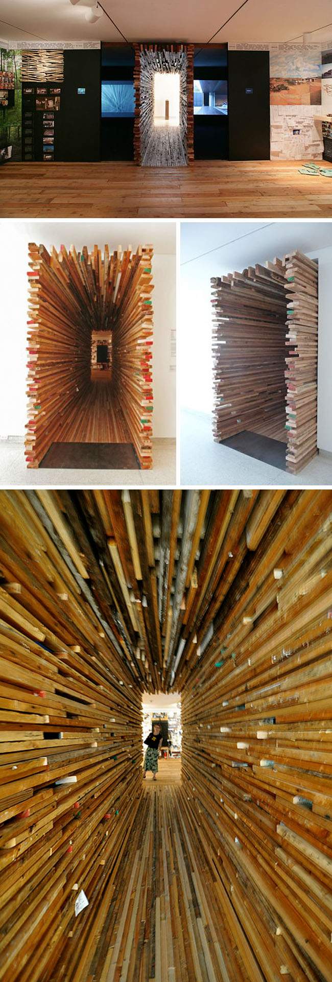 MIX exhibit installation for Museum of Contemporary Art San Diego, Sebastian Mariscal architect, cool wood entrance installation