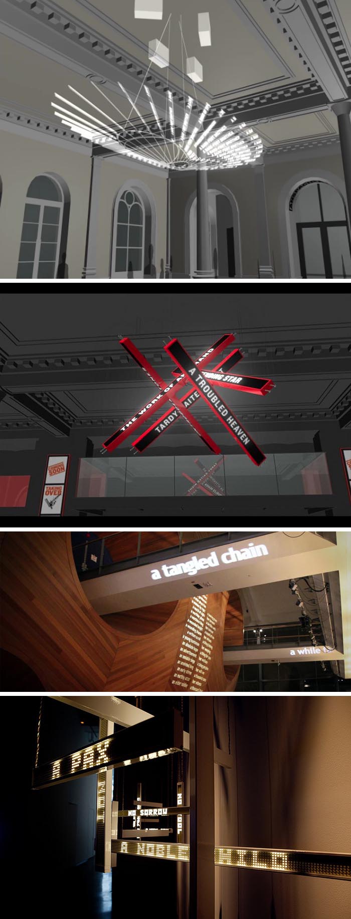 Multimedia sculpture, Chandelier of text from Shakespeare Plays, Public Theater, NYC, Ben Rubin