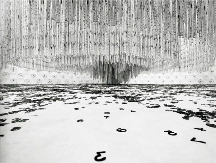 Cool art installation, hanging rulers, wall clocks and vinyl type, interactive art, Brazilian contemporary art, Cildo Meireles