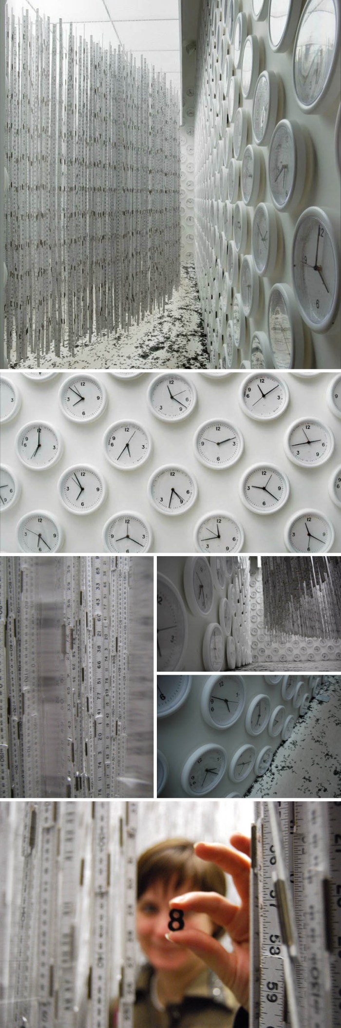 Cool art installation, hanging rulers, wall clocks and vinyl type, interactive art, Brazilian contemporary art, Cildo Meireles