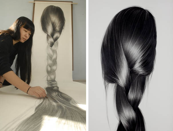 Hong-Chun-Zhang_Charcoal-Braid_collabcubed amazing realistic charcoal drawings of hair by Hong Chun Zhang, Chinese contemporary art