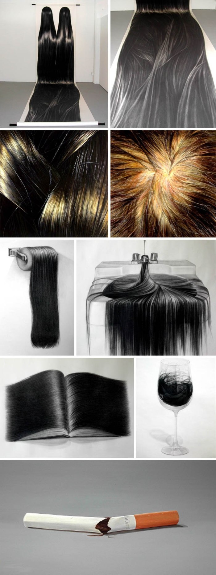 amazing realistic charcoal drawings and oil paintings of hair by Hong Chun Zhang, Chinese contemporary art
