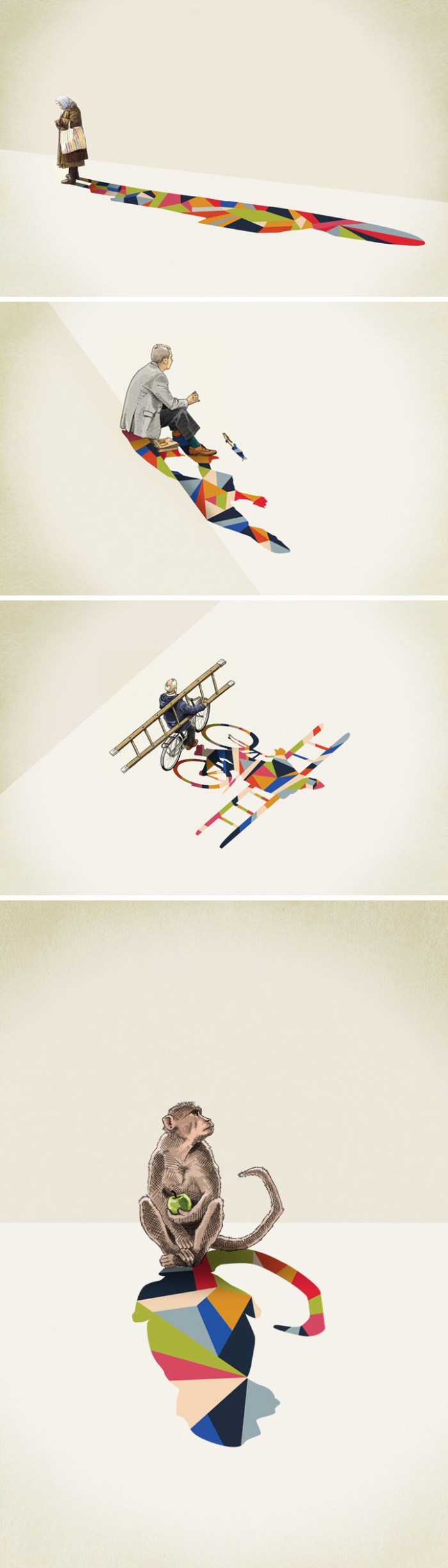 illustrations with colorful geometric patterned shadows by Jason Ratliff