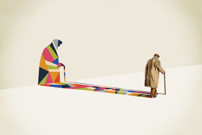 illustrations with colorful geometric patterned shadows by Jason Ratliff
