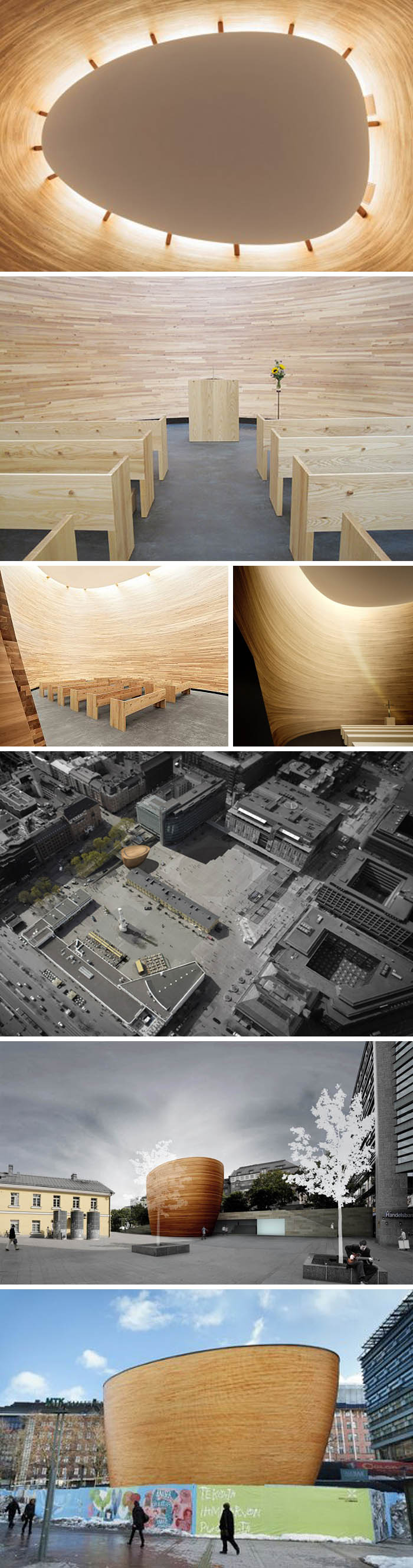 Cool Chapel design in Helsinki, Finland. Wood design architecture, K2S Architects, Kamppi Chapel