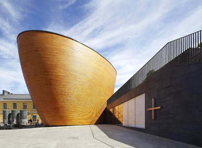 Cool Chapel design in Helsinki, Finland. Wood design architecture, K2S Architects, Kamppi Chapel