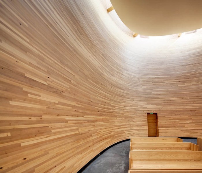 Cool Chapel design in Helsinki, Finland. Wood design architecture, K2S Architects, Kamppi Chapel