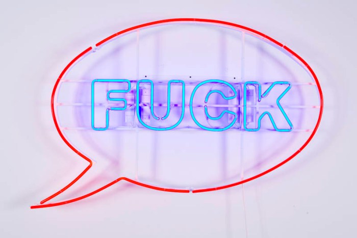 Neon typography installation, Kendell Geers, Bubbled neon type, Fuck, Light art installation