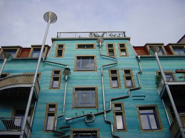 Kunsthof Passage, musical rain facade, gutters and funnels as instruments, dresden, germany, fun building