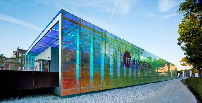 Cool subway/metro station in Spain, colored glass, nicely designed machines and seats, contemporary architecture in Spain, Luis Ferrer