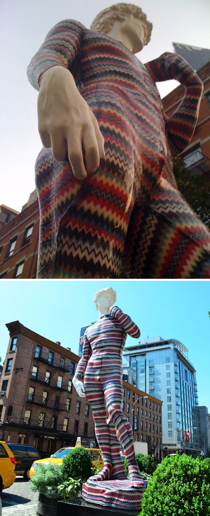 Missoni sculpture in Meatpacking district, NYC, dEmo and Luca Missoni collaboration, The David, fun sculpture, installation