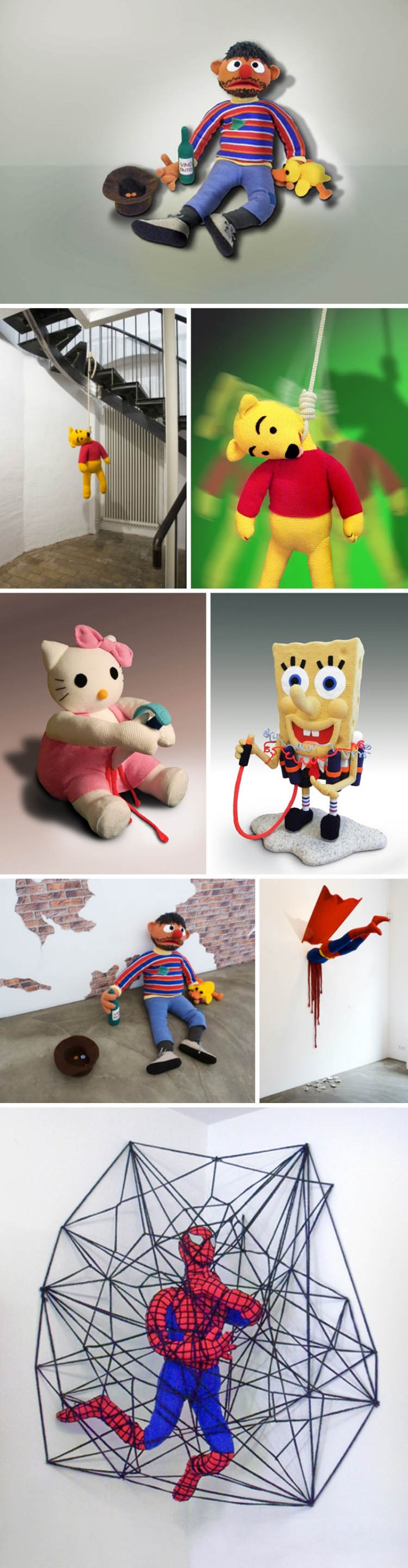 Superhero art, Patricia Waller, Galerie Deschler, Broken Heroes, Superheroes and childhood characters in unfortunate situations