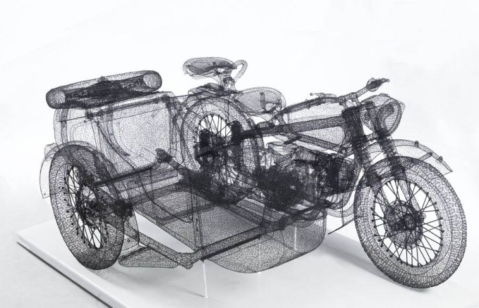 Contemporary Chinese art, intricate Wire sculptures of motorcycles, jeeps, bicycles and cello, cool art
