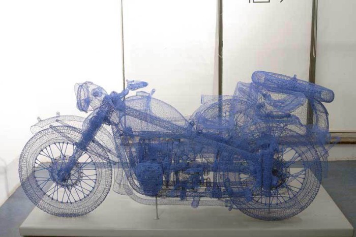Contemporary Chinese art, intricate Wire sculptures of motorcycles, jeeps, bicycles and cello, cool art