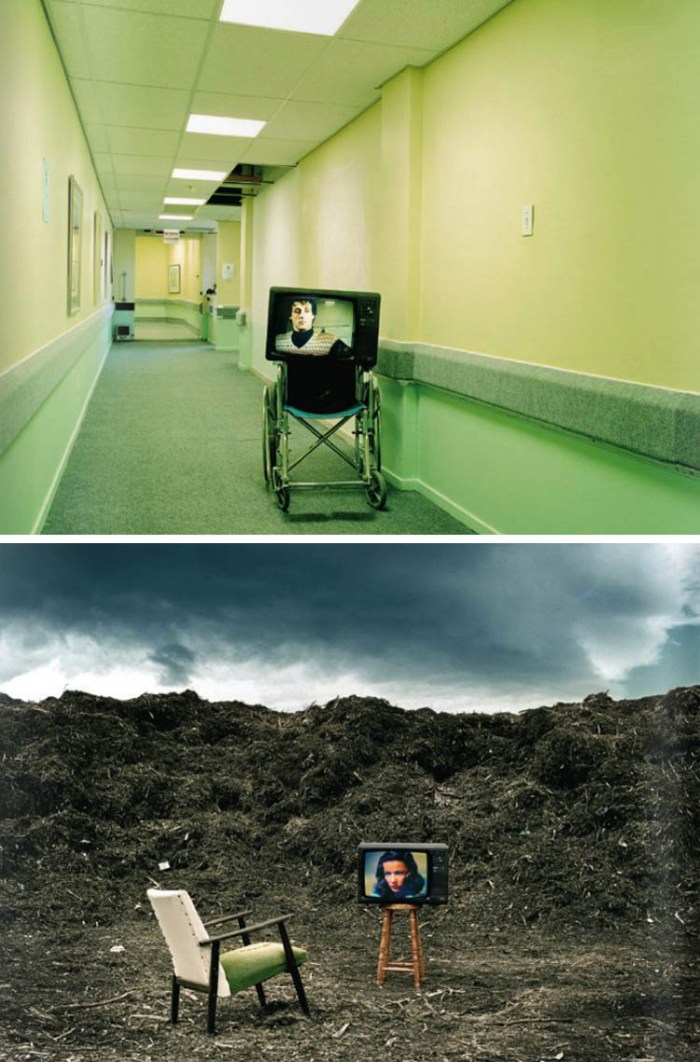 South African contemporary photography, portraits and landscapes, film stills in tv's in contrasting landscapes, Tom Buchanan