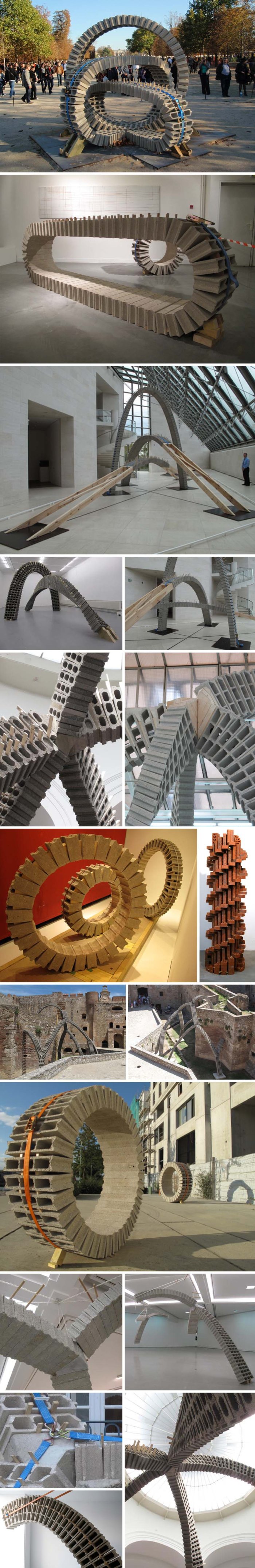 French contemporary sculpture, Vincent Ganivet, cool structures made with cinderblocks and straps, gravity-defying