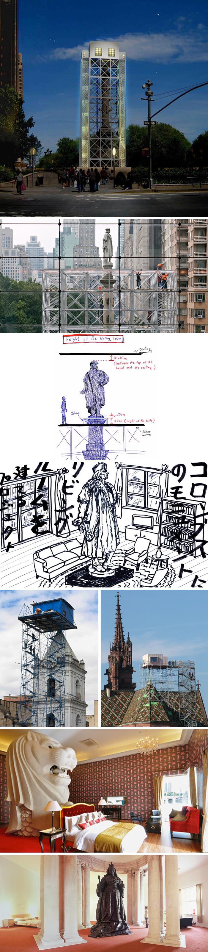 Living room above Columbus Circle in NYC, with statue popping up in center, Tatsu Nishi, cool public art