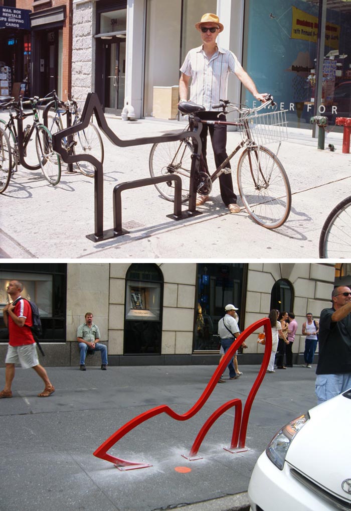 David Byrne designed Bike racks with fun shapes in nyc 2008