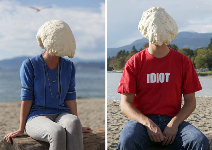 Danish contemporary photography, humorous portraits with dough on people's heads, Soren Dahlgaard