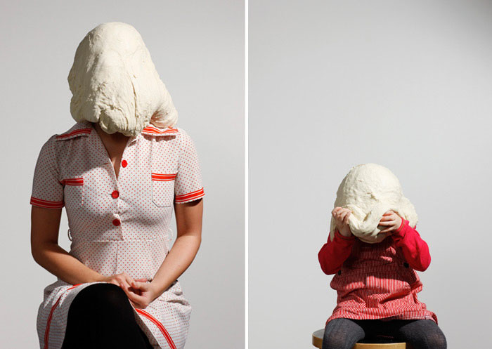 Danish contemporary photography, humorous portraits with dough on people's heads, Soren Dahlgaard