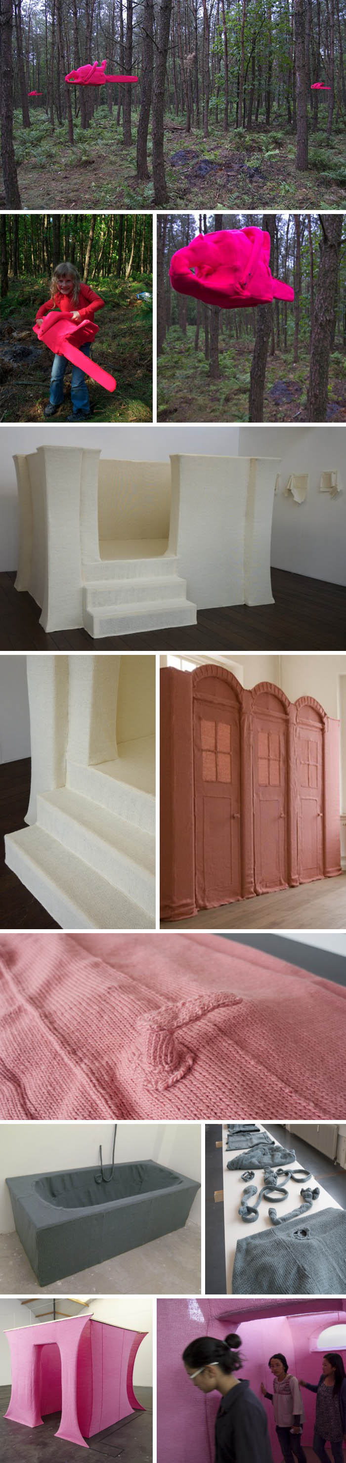 sink, bathtub, chainsaws and rooms made of knitted wool, knitted sculptures by dutch artist Desiree de Baar