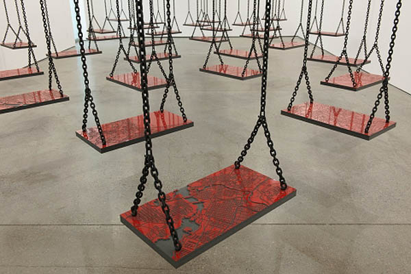 Contemporary Palestinian/Lebanese art, Mona Hatoum, cool installations, swings, maps