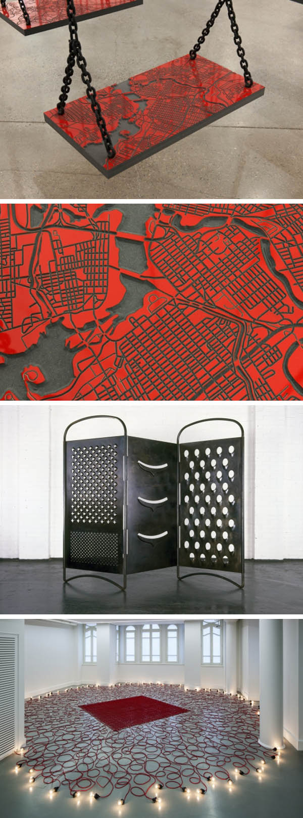 Contemporary Palestinian/Lebanese art, Mona Hatoum, cool installations, swings, maps, cheese grater divider
