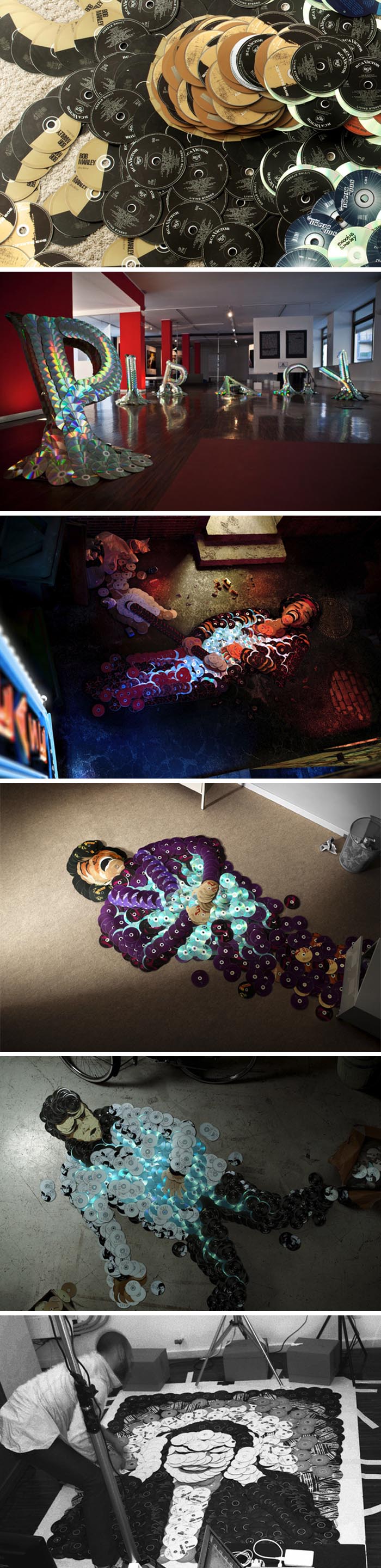 Piracy-exhibit-Musicians-in-cds-Bob-Marley-Close-up_mirco-Pagano_collabcubed Classic deceased musicians rendered in mosaics from cds, Mirco Pagano and Moreno de Turco, Piracy Ad campaign and exhibit