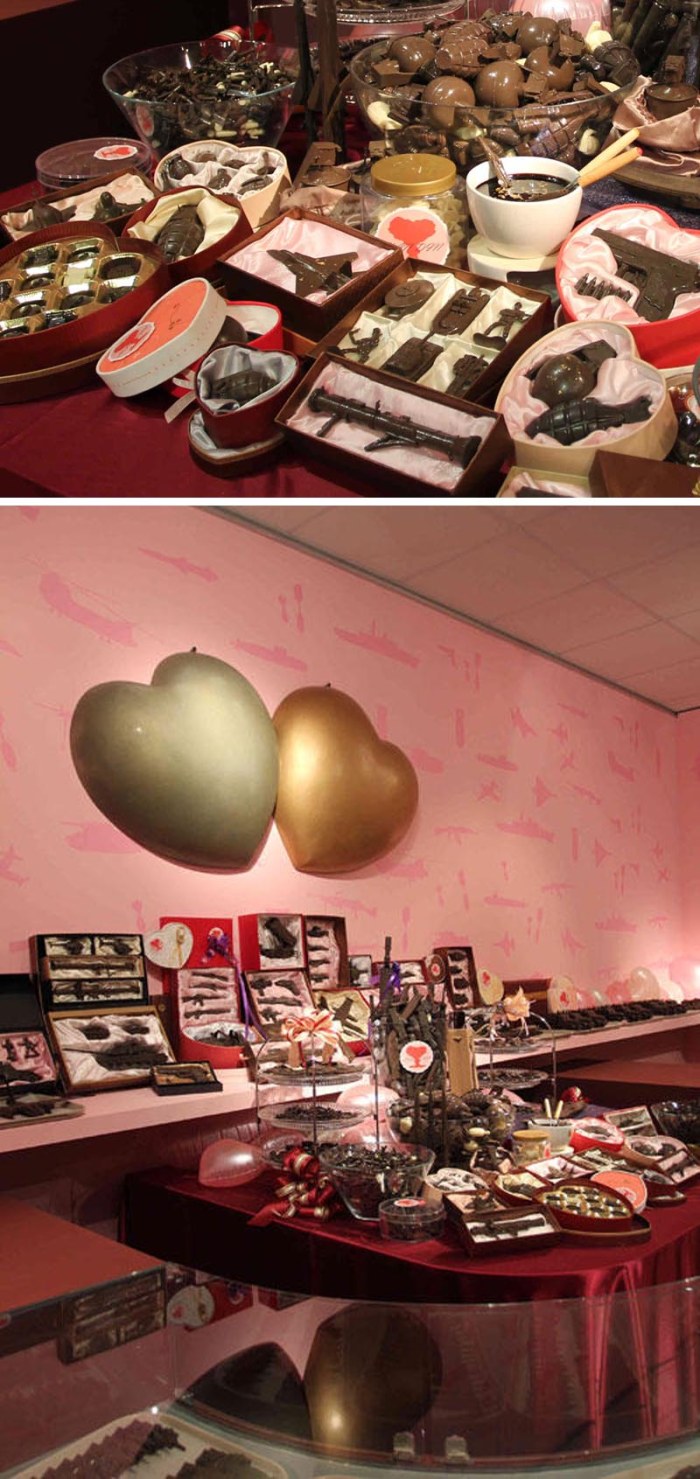 Contemporary Chinese art, Art installation with chocolate arms, grenades, guns, tiny tanks, set up as a chocolate shop