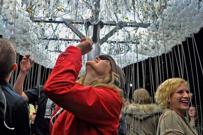 Caitlind-Brown_Cloud_Nuit-Blanche-2-Calgary_collabcubed Nuit Blanche Calgary, Cloud installation made of lightbulbs and pull strings, light sculpture, interactive, cool installation