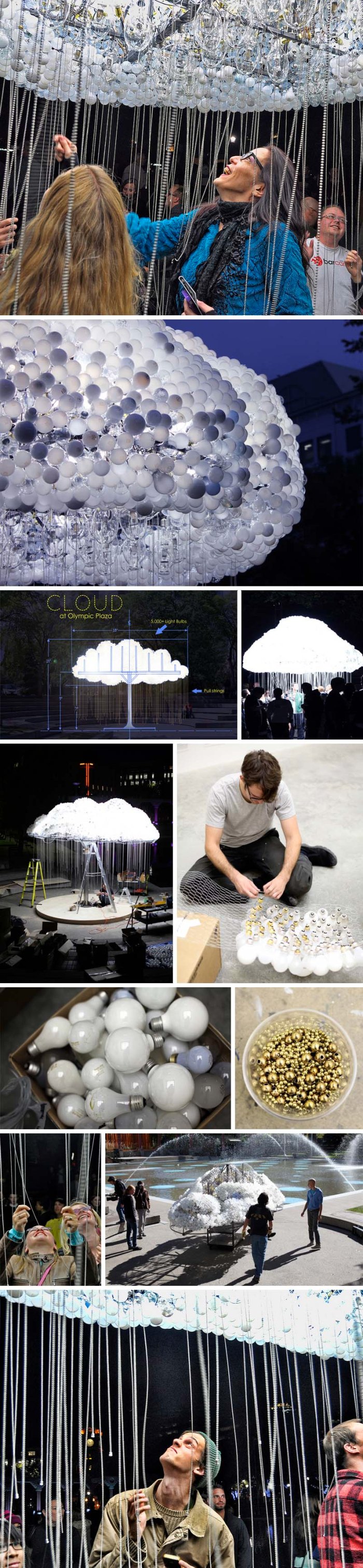 Nuit Blanche Calgary, Cloud installation made of lightbulbs and pull strings, light sculpture, interactive, cool installation