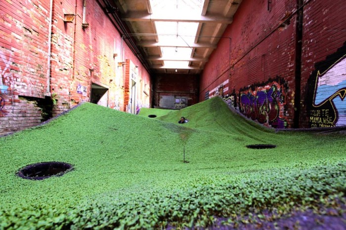 D-day Festival, Zagreb, Numen/For Use, Field, cool installation, grass carpet suspended within a former slaughterhouse