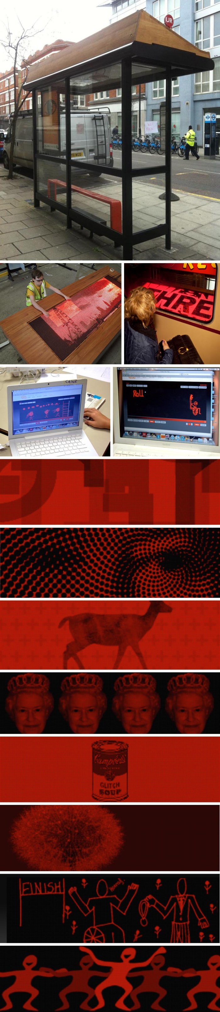 Double-decker bus stop tops, animated public art project during the 2012 Olympics in London, LEDs