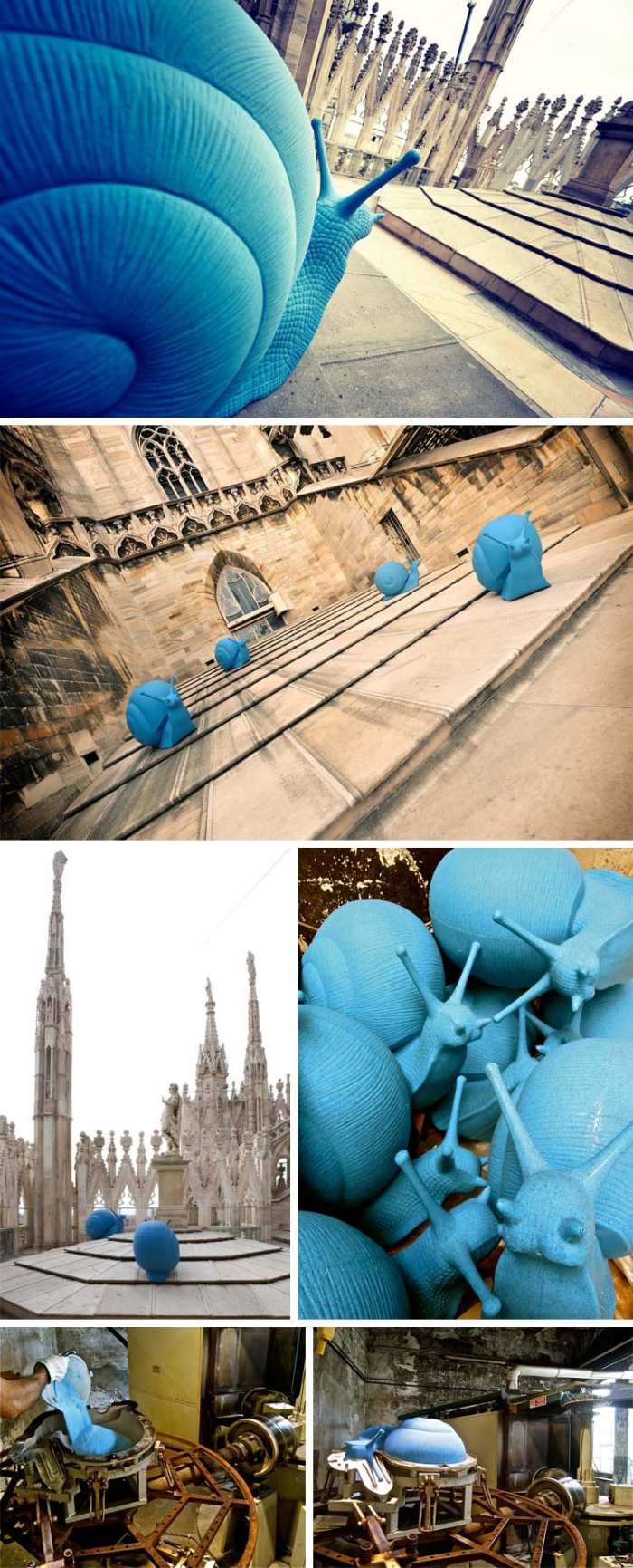 Street art for renewal, renovation and upkeep of cities (Milan). Snails created and sold by Cracking Art Group to raise money for maintenance and repair