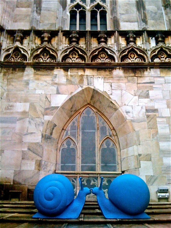 Street art for renewal, renovation and upkeep of cities (Milan). Snails created and sold by Cracking Art Group to raise money for maintenance and repair