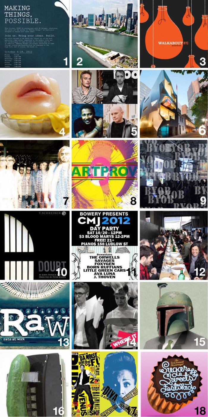 Free and cheap things to do in NYC weekend of 10/19/12. Affordable art, music, theater, film, dance, architecture, food, talks, walks, and general fun in New York City.