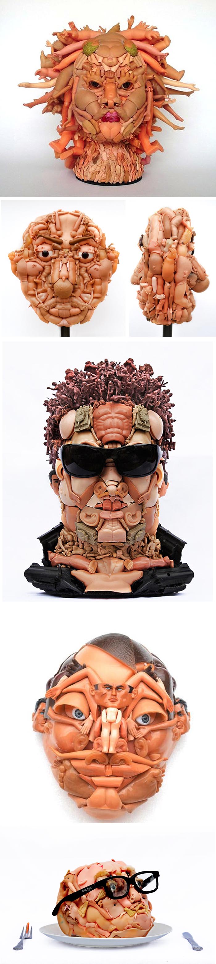 cool and freaky sculptures made with dolls, sculptural busts made with dolls and toys, Freya Jobbins, Contemporary Australian art