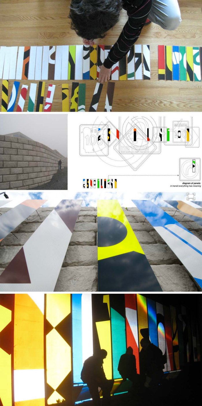 Bus Terminal installation made of colorful cropped transit symbols along a concrete wall in New Brunswick, Canada, The Acre Collective