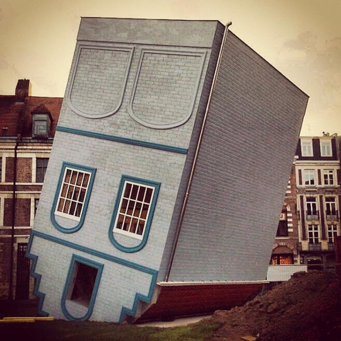 Fun and cool installation of upside-down house at Festival Lille Fantastic 2012, Fantastic Lille3000, Jean-Francois Fourtou, contemporary art