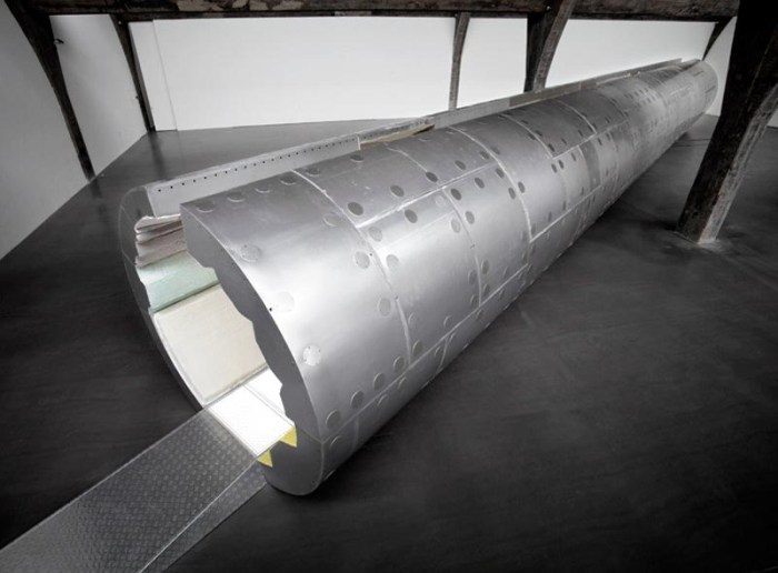 Tunnel installation, oil paint on aluminum, space shuttle like tube, walk through art installation, Chinese contemporary art