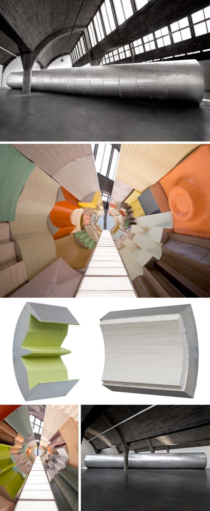 Tunnel installation, oil paint on aluminum, space shuttle like tube, walk through art installation, Chinese contemporary art