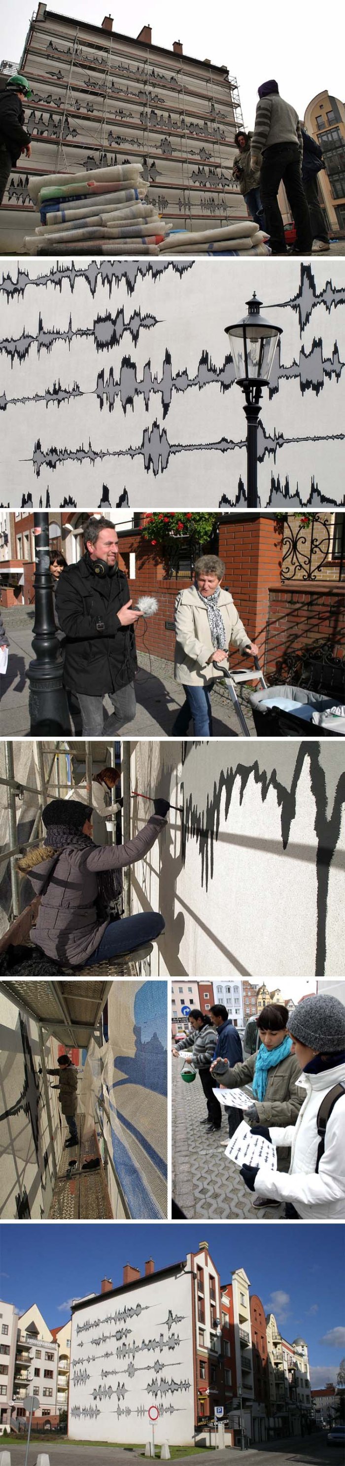 Street art, graffiti, Mural in Elblag Poland based on the soundwaves created by townspeople's comments, Sound art mural, interactive street art