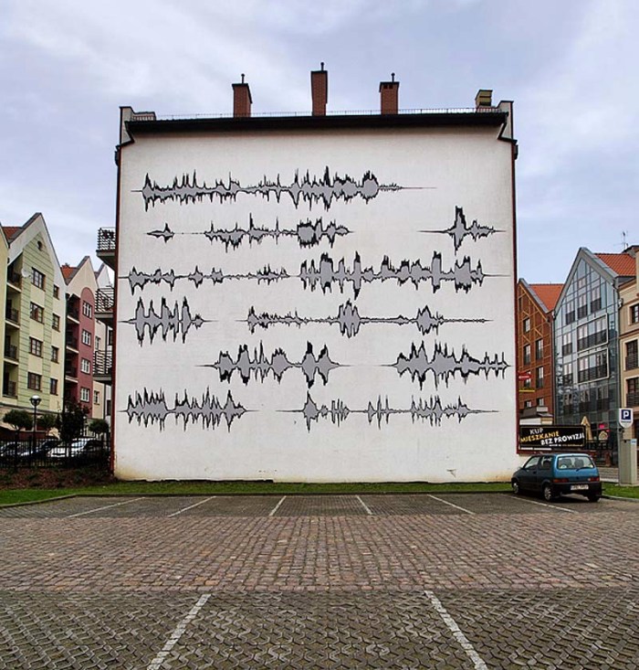 Street art, graffiti, Mural in Elblag Poland based on the soundwaves created by townspeople's comments, Sound art mural, interactive street art