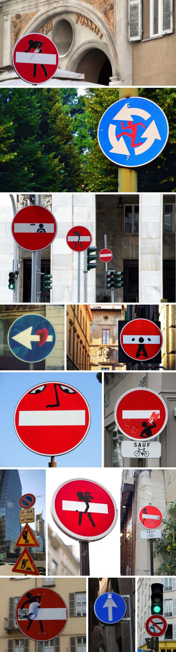 European Street Art, pictorial stickers on street signs, graffiti, humor, Clet Abraham, contemporary art, fun