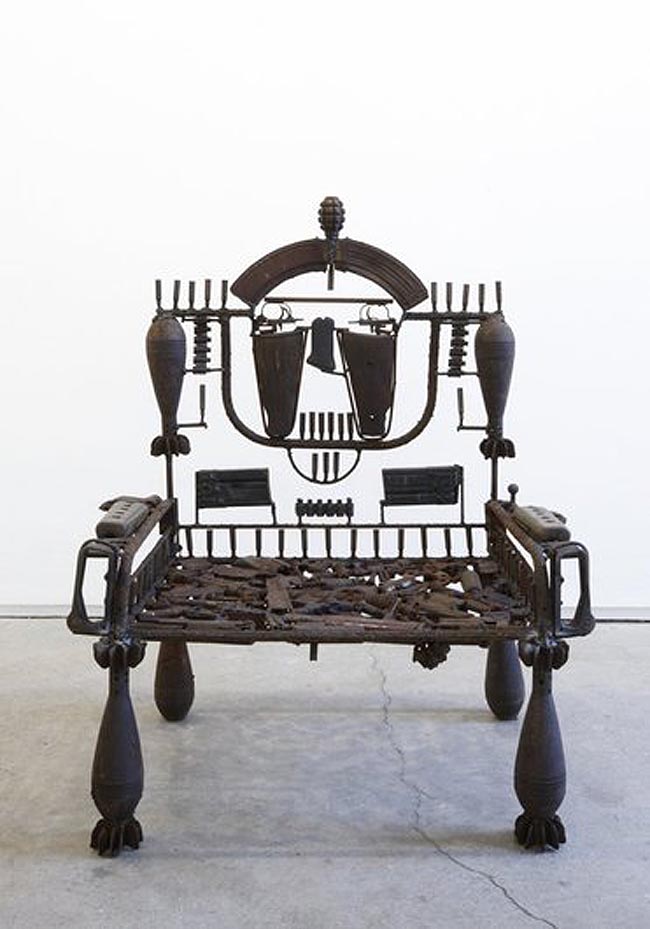 Sculptures and chairs made with repurposed weapons by Mozambique artist Goncalo Mabunda