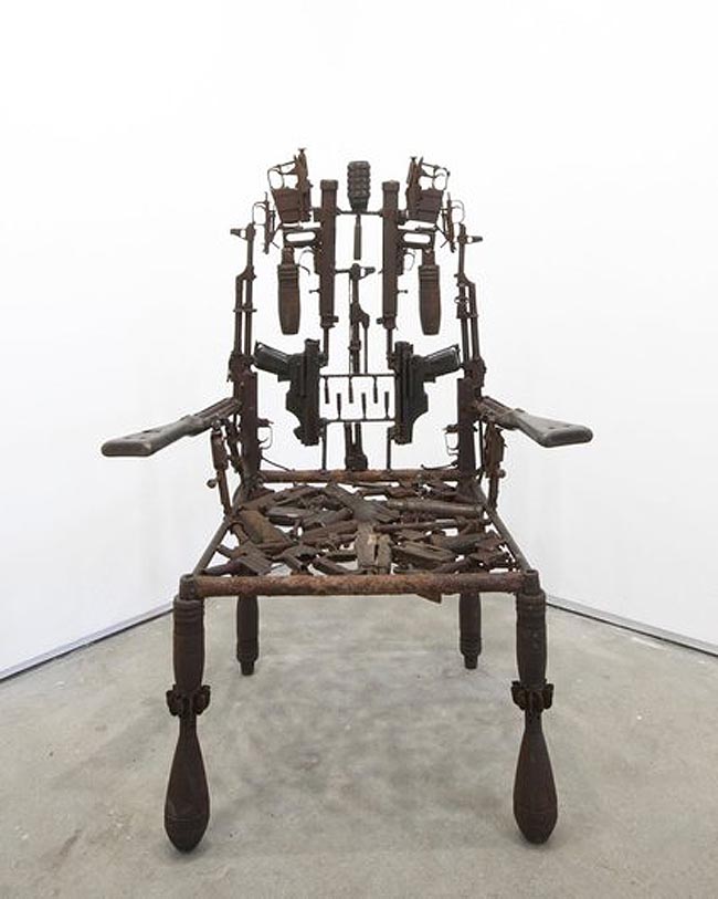 Sculptures and chairs made with repurposed weapons by Mozambique artist Goncalo Mabunda