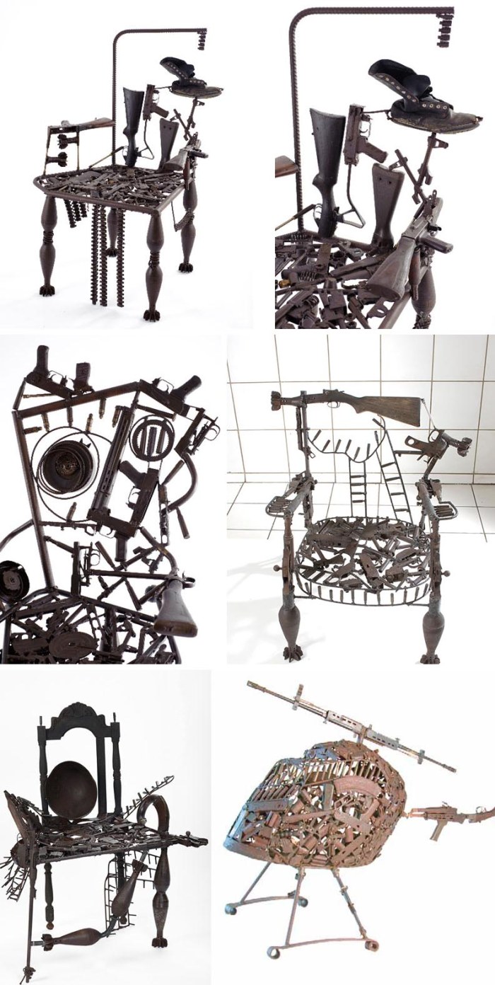 Sculptures and chairs made with repurposed weapons by Mozambique artist Goncalo Mabunda