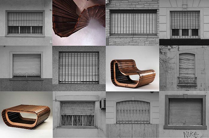 Upcycled Furniture, Argentinean design, Repurposed roller blinds, stool with tennis ball seat, cool upcycled furniture design