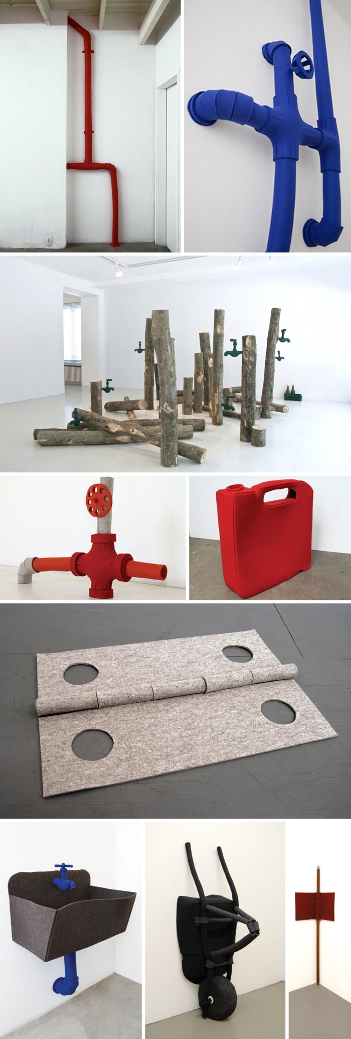 Soft sculptures made with felt of industrial objects such as pipes, faucets, hinges, and tools by Johanna Unzueta, Chilean artist