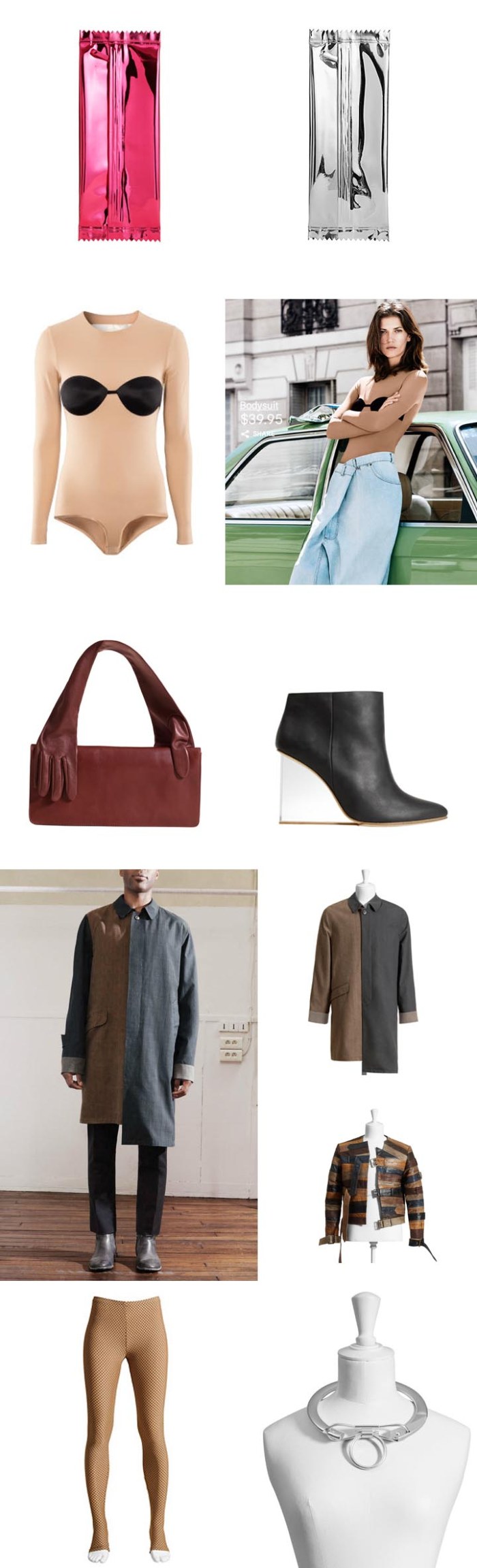 Avant Garde Fashion, Trompe l'oeil design, Martin Margiela candy wrapper clutch, fishnet leggings, keyring necklace, belt jacket, H&M